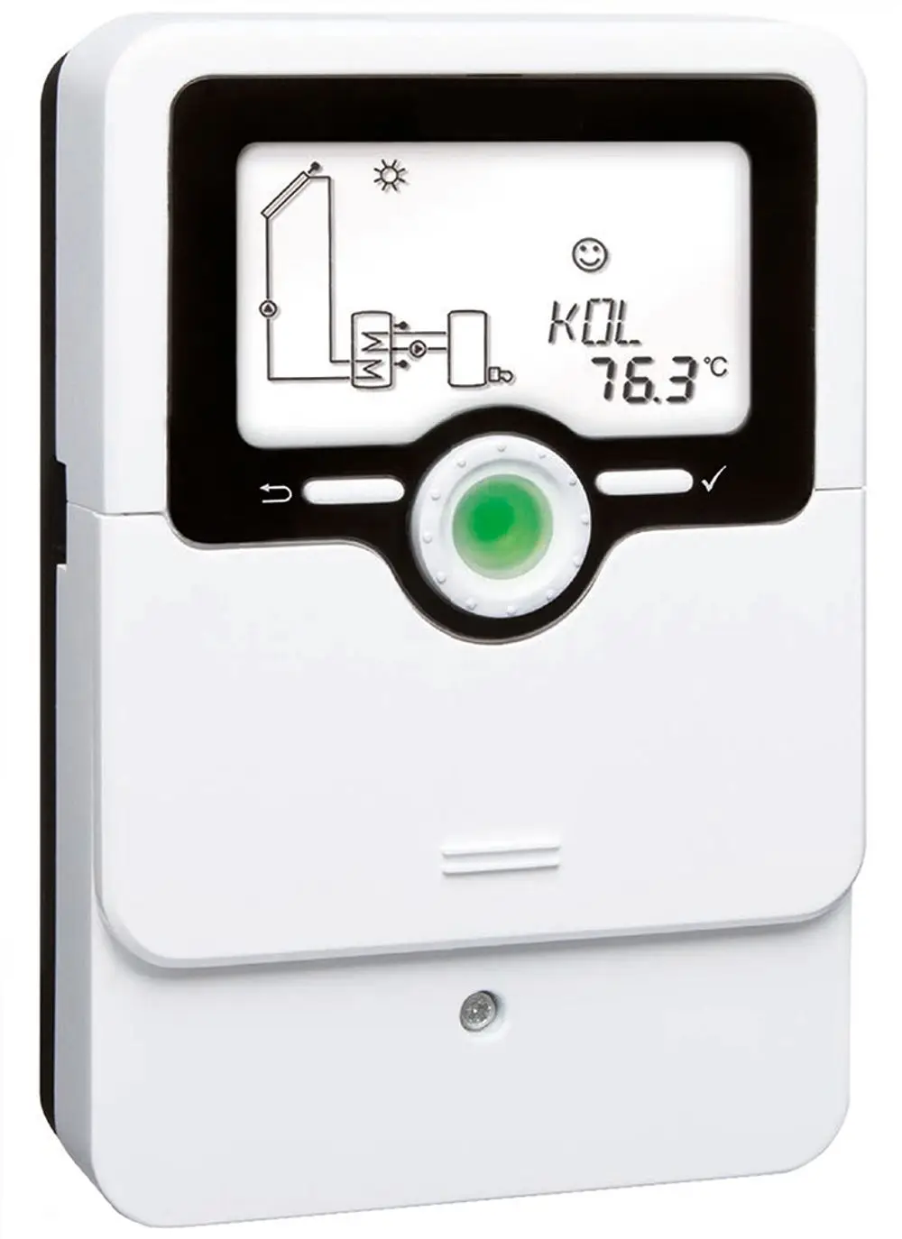 Daikin Solarregler mit digitalem Display, Temperaturanzeige und grafischen Symbolen für die Steuerung eines Drucksolarsystems in kompaktem, weißen Gehäuse.
